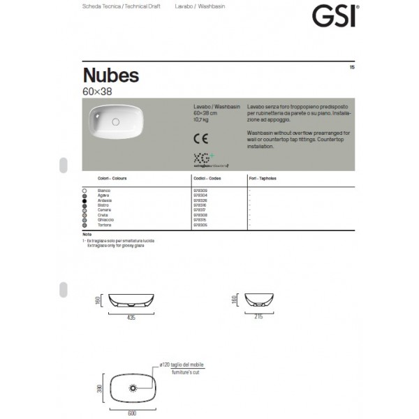 GSI ΝΙΠΤΗΡΑΣ NUBES 60x38 WHITE 9783-300 Νιπτήρες Ελεύθερης Τοποθέτησης / Κρεμαστοί,GSI