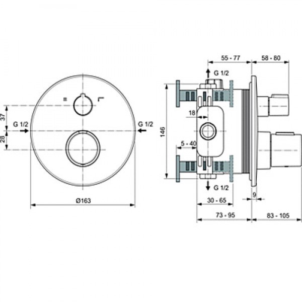 Ideal Standard Ceratherm T100 Εντοιχιζόμενη θερμοστατική μπαταρία λουτρού A5814AA χρωμέ Ceraplan III
