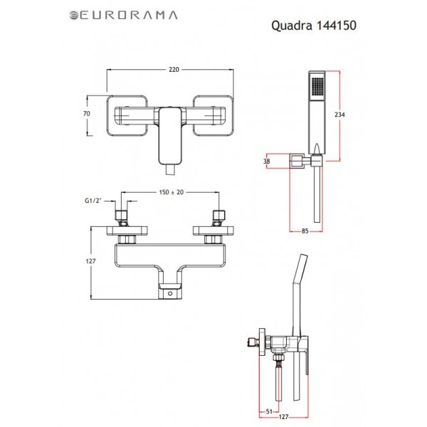 Eurorama Quadra 144150-110 Inox Μπαταρία Ντουζιέρας Σειρά Quadra Inox
