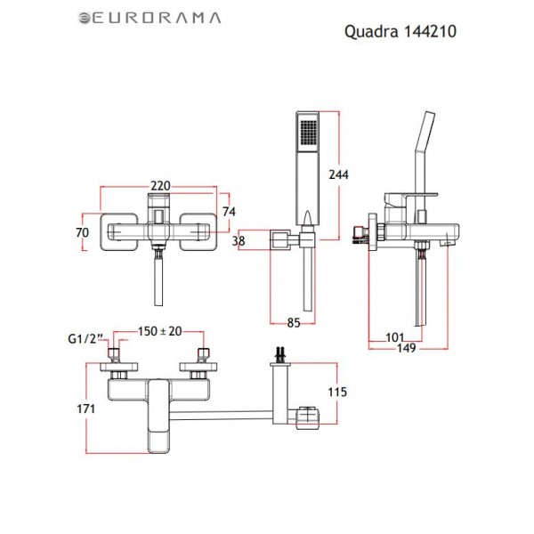 Eurorama Quadra 144210-110 Inox Μπαταρία Λουτρού Σειρά Quadra Inox