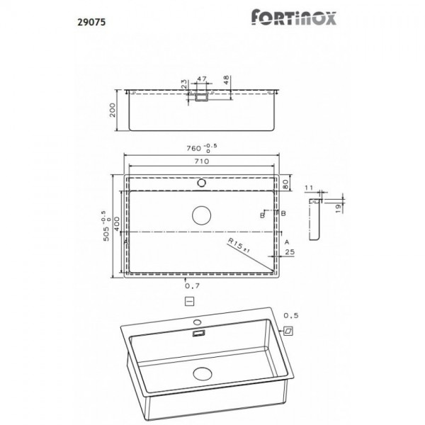 Fortinox Squadro 29075 76x50.5cm Ένθετος Ανοξείδωτος Νεροχύτης FORTINOX
