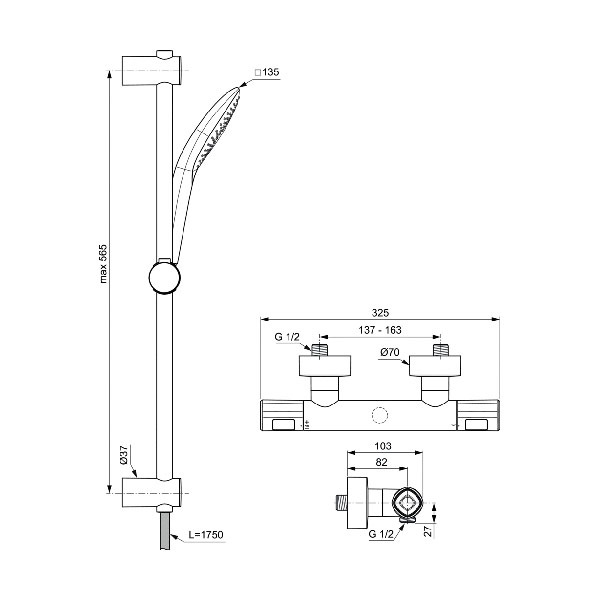 CERATHERM T Ideal Standard Σύστημα βέργας 60cm με θερμοστατική μπαταρία ντους CERATHERM T100 A7234AA