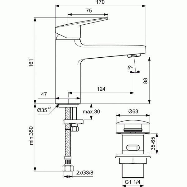 Ideal Standard Ceraplan Αναμικτική μπαταρία νιπτήρα GRANDE 1 οπής BD229AA IDEAL