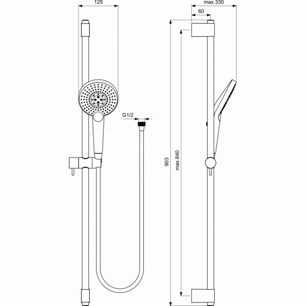 Ideal Standard Idealrain EVO Round B1763AA Κιτ Ντους Με Βέργα 90 cm -Τηλέφωνο-Σπιράλ Βέργες - τηλέφωνα ντουζ