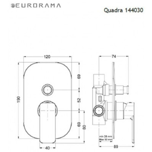 Eurorama Quadra 144030 Black Matt Μίκτης Εντοιχισμού 2 Εξόδων Με Εκτροπέα Σειρά Quadra Black Matt