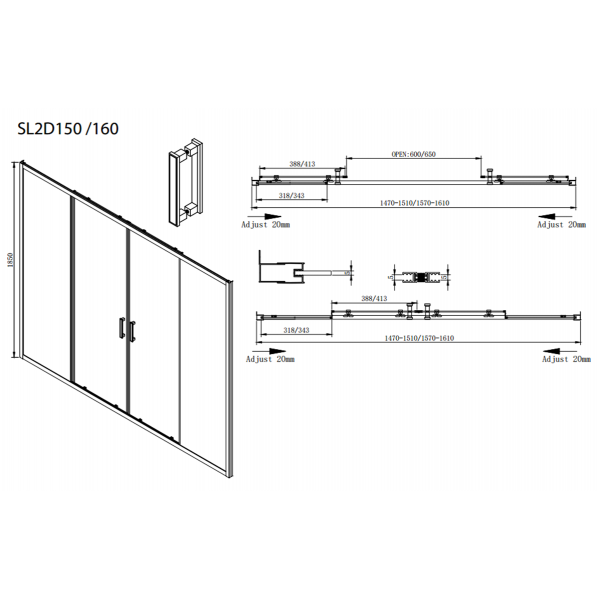 Devon Plaza Slider 2+2 SL2D 160 Clear Πόρτα Ντουζιέρας Με 2 Σταθερά & 2 Συρόμενα Φύλλα